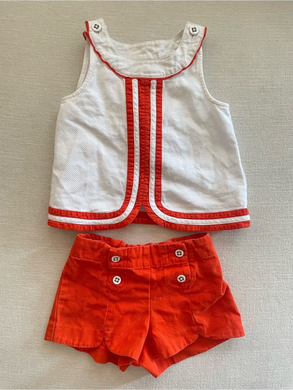 Janie and Jack Matching Set - White Top with Orange-Trim & Orange Shorts